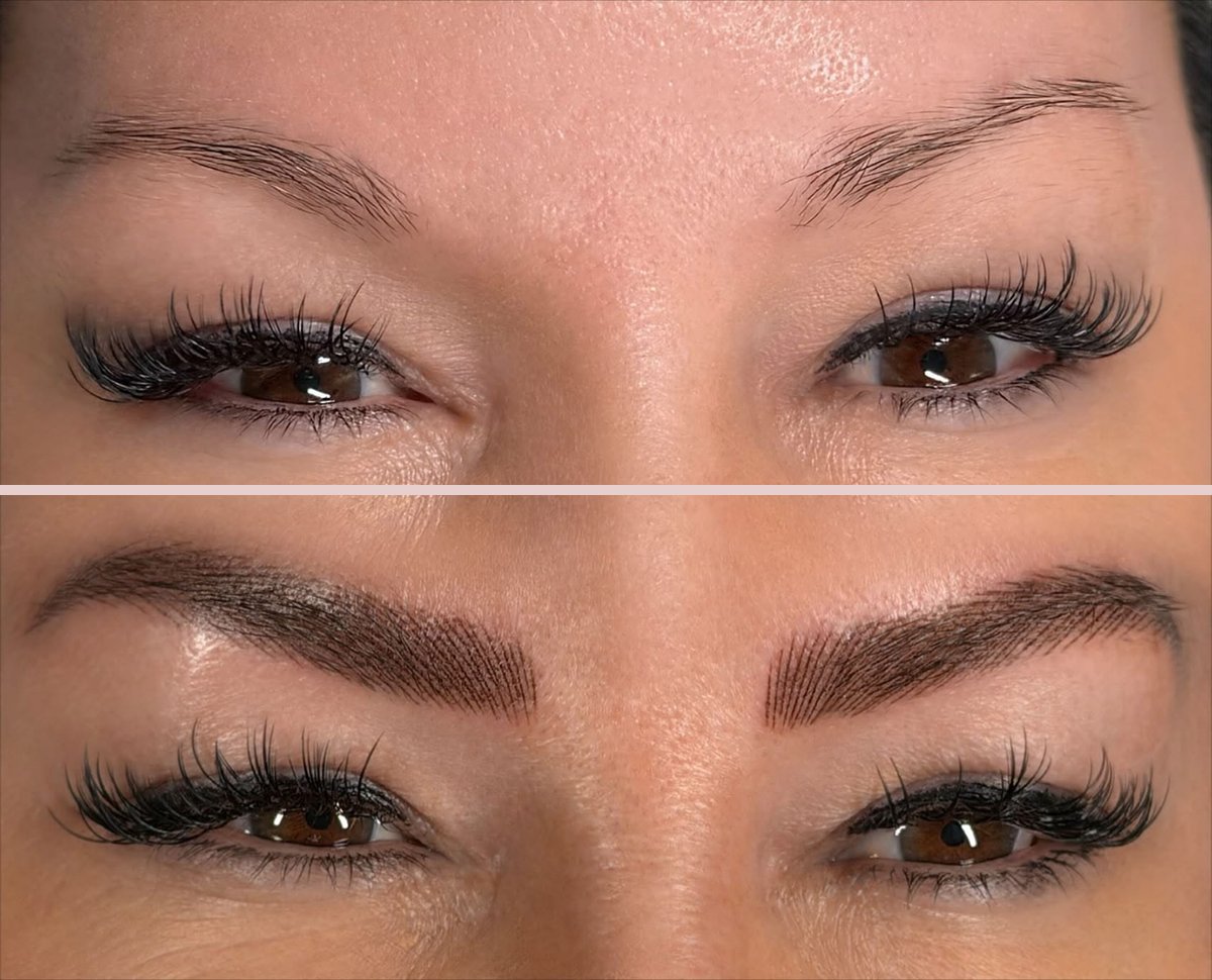 Hair-stroke brows, before and after, by Yaqui Cortez